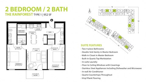 Floor plan for 2 beds, 2 baths, 952 sqft